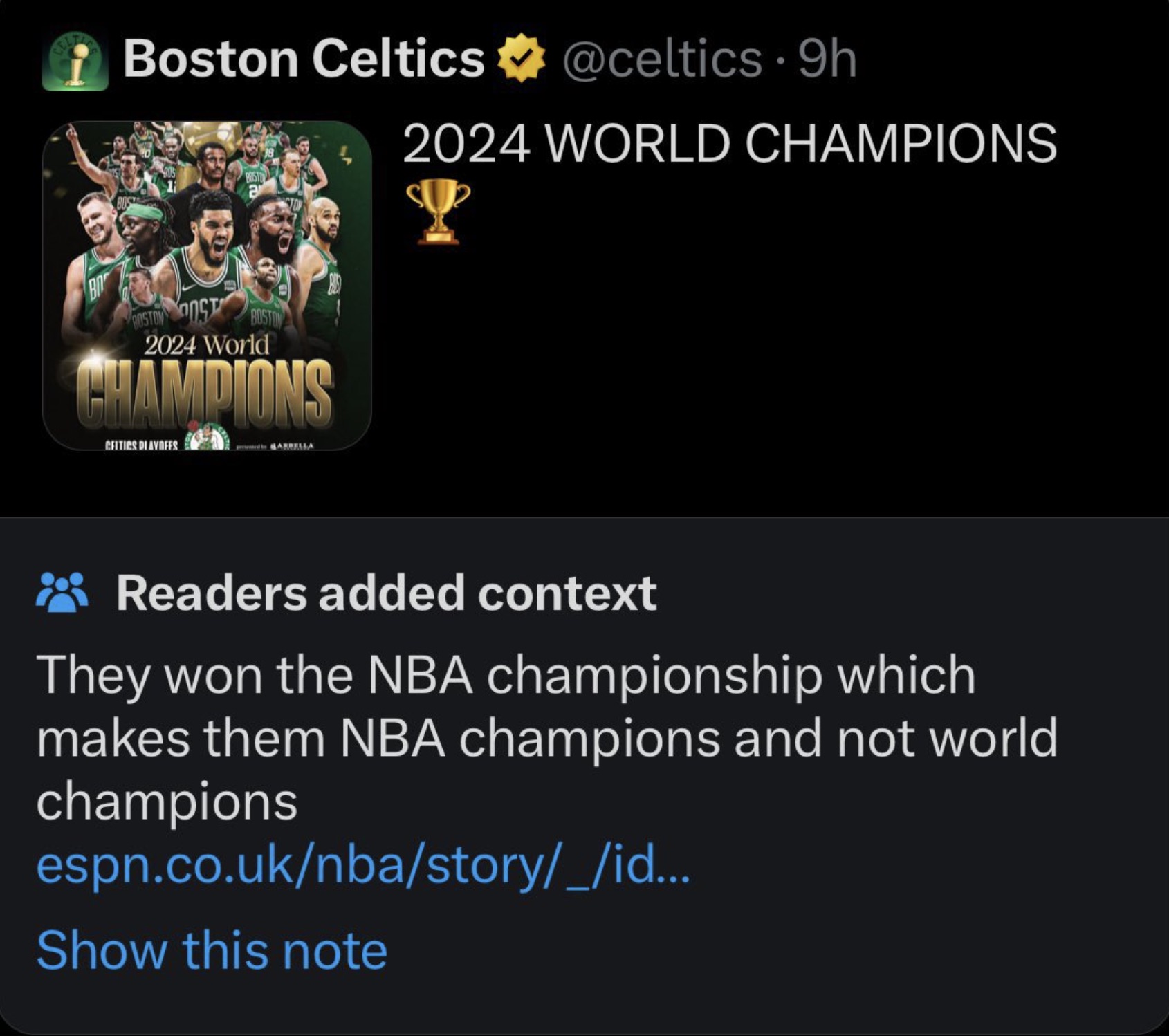 screenshot - Boston Celtics . 9h 2024 World Champions Bo Boston Ost Boston 2024 World Champions Celtics Diavofes Arbella Readers added context They won the Nba championship which makes them Nba champions and not world champions espn.co.uknbastory_id... Sh